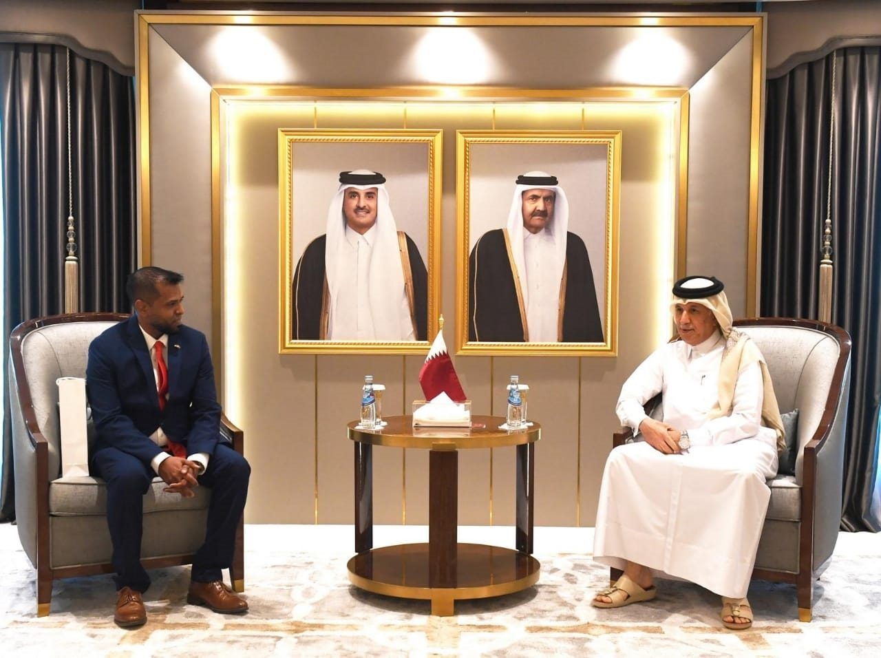 Guyana’s Ambassador to Qatar Safraaz Ahmad Shadood and Minister of State for Foreign Affairs Sultan bin Saad Al Muraikhi, following the handing over a personalised, signed copy of President Ali’s latest book