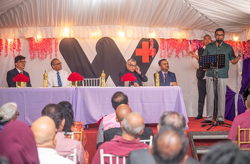 President, Dr Irfaan Ali addresses those gathered at Woodlands Hospital on Saturday for the launch of a range of stem-cell and immunotherapy services  (Delano Williams photo)