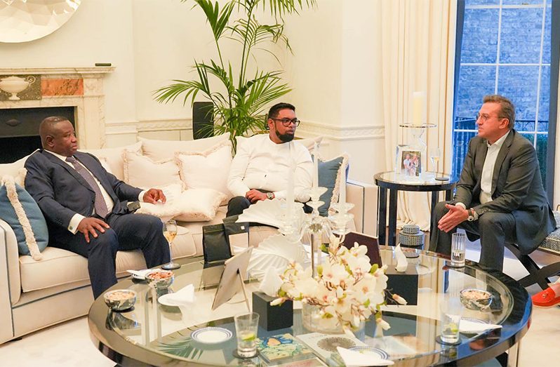 President Dr. Irfaan Ali, and the President of Sierra Leone Julius Maada Bio on Thursday attended a working dinner hosted by Chief Executive Officer of UPL Limited, Jai Shroff in London, England. During the event, discussions were held on food security and agriculture (Office of the President photos)