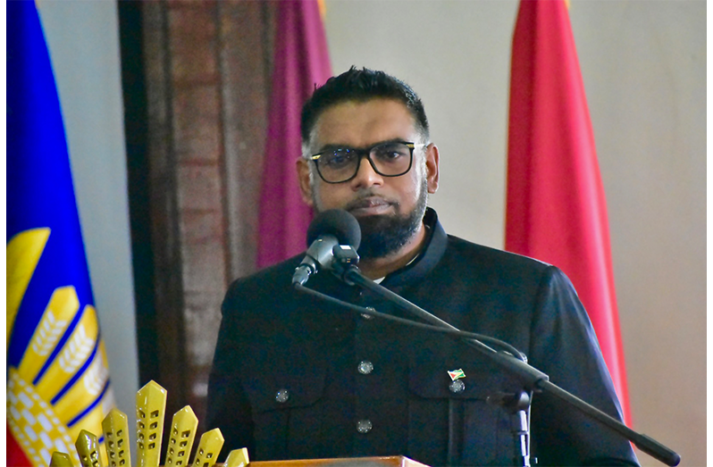 President Dr Irfaan Ali during his address at the at the opening of the Annual Officers’ Conference on Thursday ( Sachin Persaud photo)