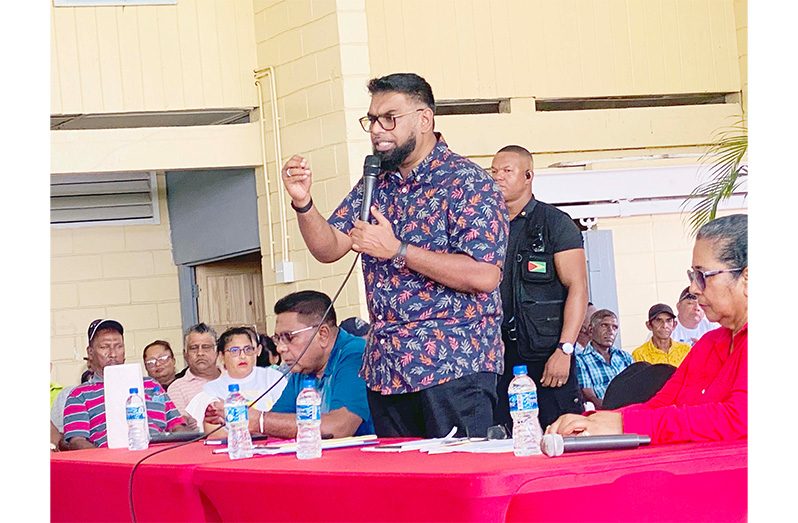 President Dr. Irfaan Ali speaking at the Region Two meeting