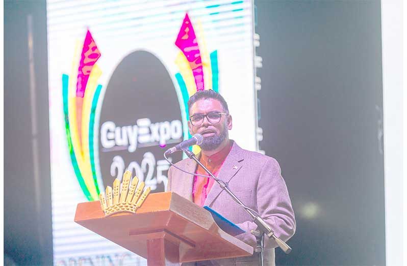 President Dr. Irfaan Ali delivers the feature address at the opening ceremony of GuyExpo 2025