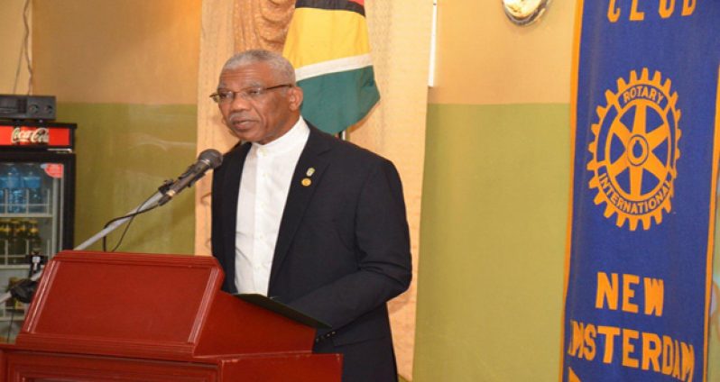 President David Granger addressing the gathering at the Rotary Club of New Amsterdam’s World Understanding and Peace Dinner (Ministry of the Presidency photo)