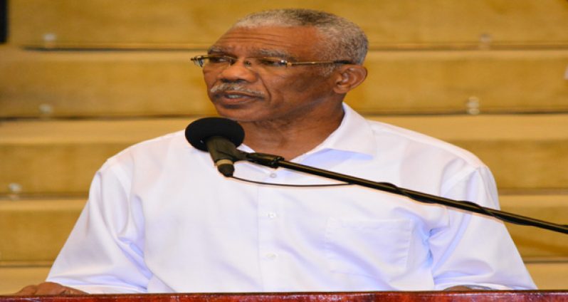 President David Granger addressing the rice conference at the Arthur Chung Conference Centre yesterday.