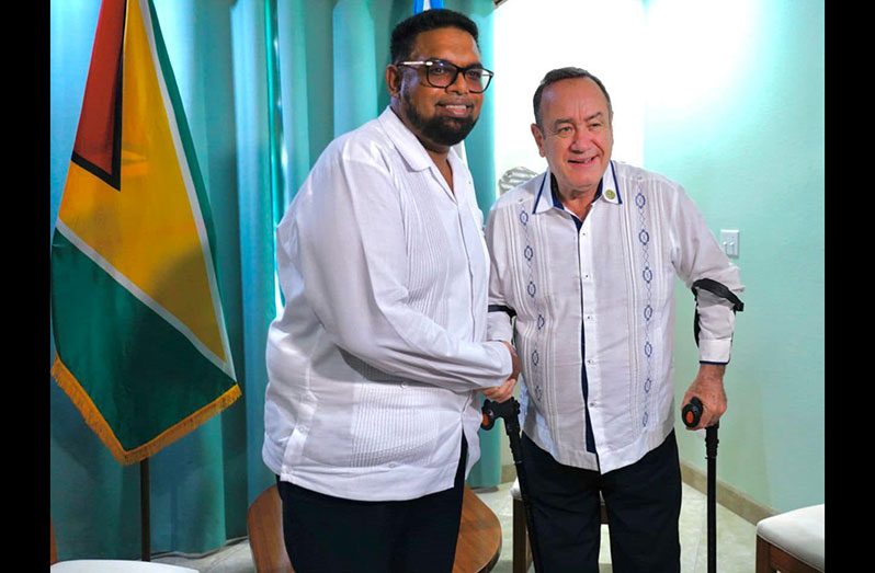 President, Dr Irfaan Ali (left) and President of Guatemala, Alejandro Giammattei Falla met during the recent CARICOM meeting in Belize (Office of the President photo)
