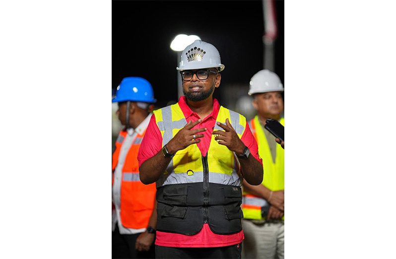 President Dr. Irfaan Ali at the Wales Gas-to-Energy site on Friday night (Office of the President photo)