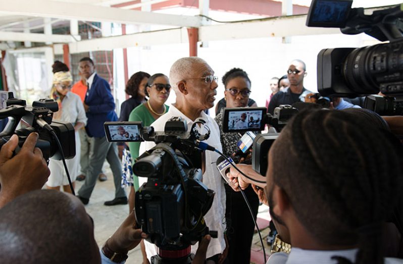 President David Granger speaking to reporters at CPCE’s Turkeyen Campus on Thursday (Delano Williams’ photo)