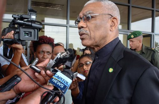 President David Granger speaks with members of the media earlier this year