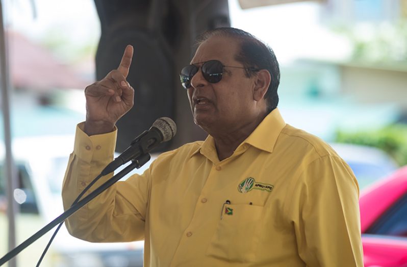 Prime Minister Moses Nagamootoo addressing party members at the launch of the AFC local government elections campaign (Delano Williams photo)