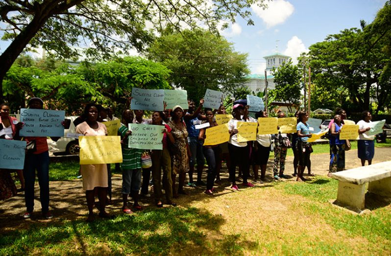 Sweeper/Cleaners picketing outside the Ministry of Finance (Adrian Narine photo)