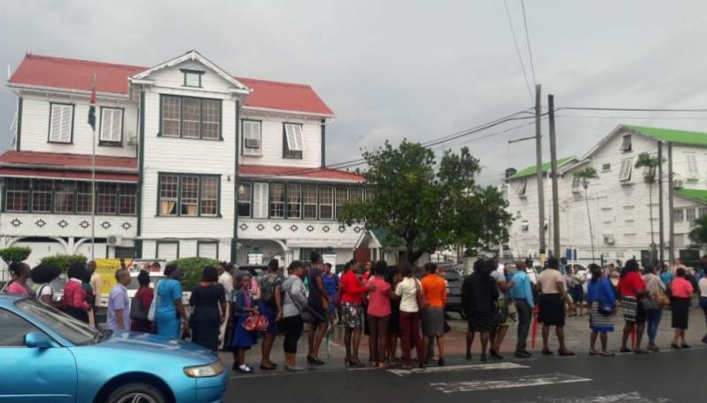 Teachers in protest action outside the Ministry of Education on Brickdam on Monday morning.