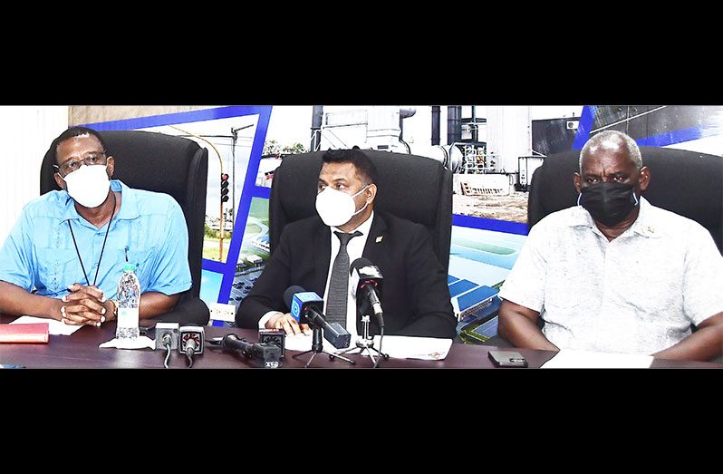 From right: Minister of Home Affairs, Robeson Benn; Minister within the Ministry of Public Works, Deodat Indar; and Director-General of MARAD, Stephen Thomas during Monday’s media briefing (Adrian Narine photo)