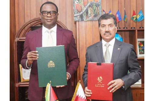 Minister of Foreign Affairs and International Cooperation Mr. Hugh Todd (left) and Secretary General of Qatar’s Ministry of Foreign Affairs Dr. Ahmed Bin Hassan Al Hammadi (right) following the signing of the MoU for political consultations on issues of mutual interest