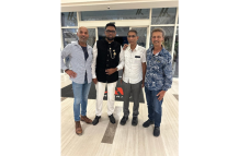 L-R Dr Brian Rambihar, President Irfaan Ali, Dr Vivian Rambihar, and Dr Compton Rambihar at a chance meeting. (Photo: Office of the President Staff)