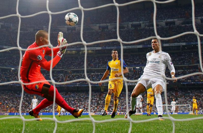 Real Madrid’s Cristiano Ronaldo scores a goal that is disallowed. (REUTERS/Paul Hanna)
