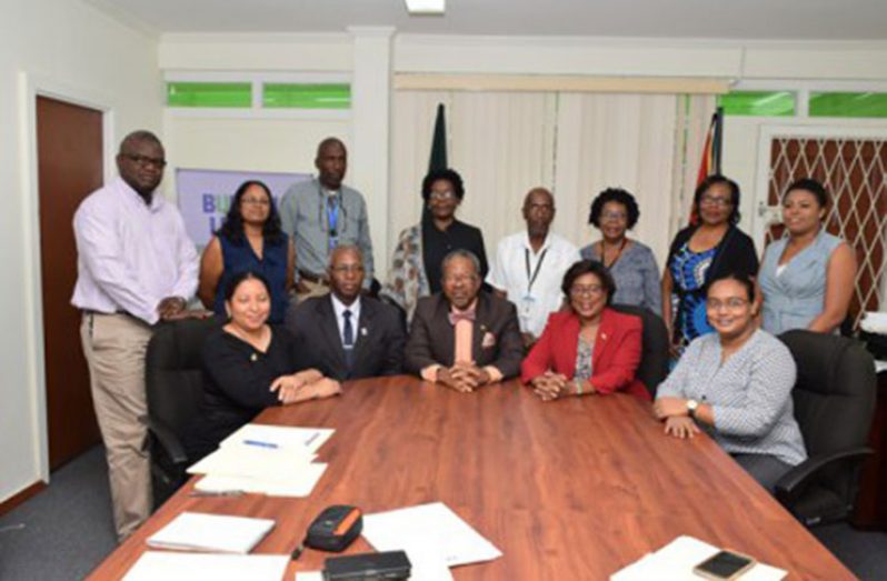 Front row (from left): Deputy Vice-Chancellor, Dr. Paloma Mohamed-Martin; GNBA Chairman Leslie Sobers; Vice-Chancellor, Professor Ivelaw Griffith; Public Telecommunications Minister Catherine Hughes; Director for the Centre of Communications Denise Bram and other members of the University of Guyana
