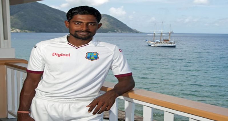 Rajendra Chandrika poses in West Indies colours after a practice session in Roseau on Monday.