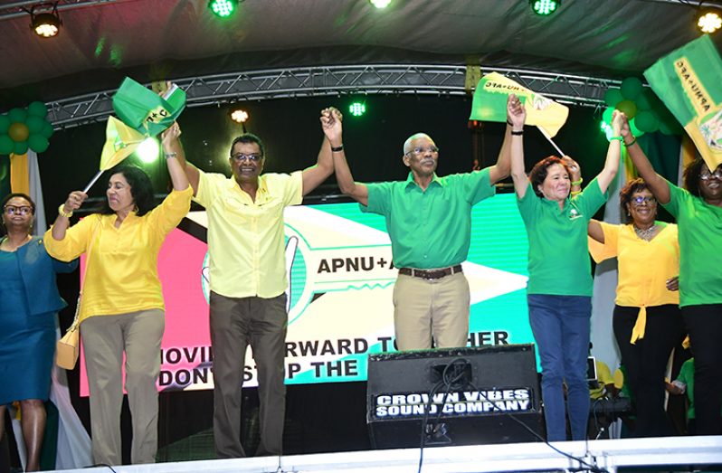 President David Granger and First Lady Mrs. Sandra Granger were joined by Prime Ministerial Candidate, Khemraj Ramjattan, and other ministers on stage for the unity dance (Adrian Narine photos)