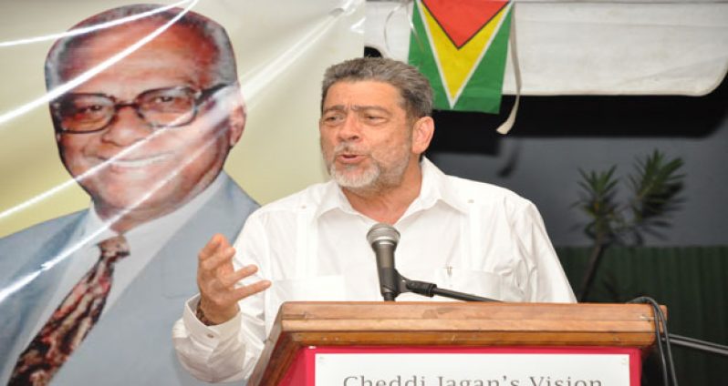 Prime Minsister Ralph Gonsalves addresses the audience at the Cheddi Jagan Research Centre