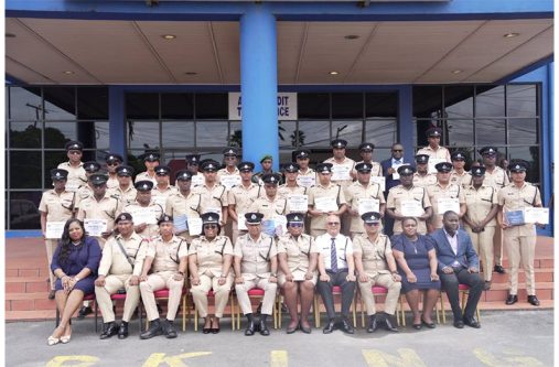 Graduates of the Junior Officers’ Course and Immigration Course with senior officers (seated) at the Police Officers’ Training Centre, Eve Leary, Georgetown