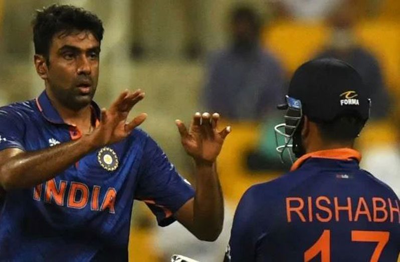 Ravi Ashwin celebrates after taking one of his two wickets against Afghanistan
