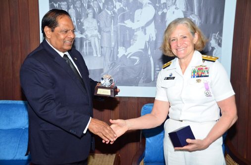 Prime Minister, Moses Nagamootoo and Rear Admiral, Martha Herb of the United States Navy during her courtesy visit (OPM photo)
