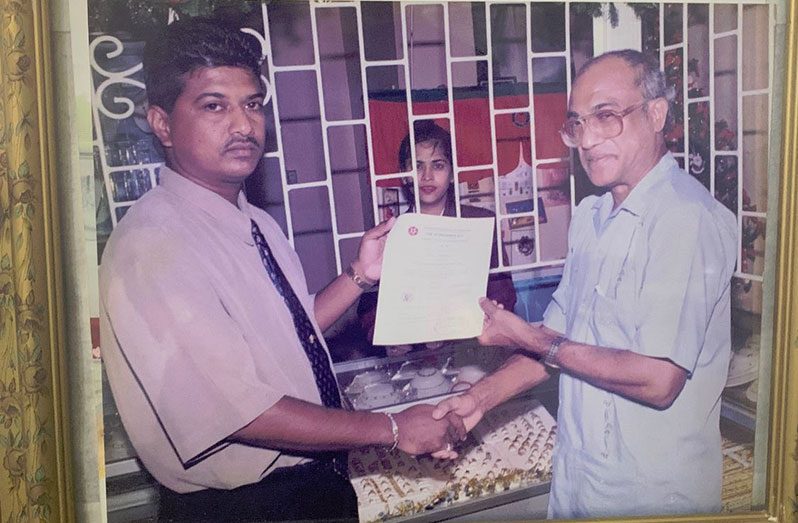 Stephen Naraine, owner of Steve’s Jewellery, received his first certificate from former Executive Director Dr. Chatterpaul Ramcharran in 1998
