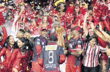 Trinidad and Tobago Red Steel celebrate after winning the 2015 Hero CPL final at Queen’s Park Oval