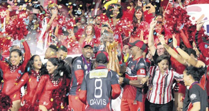 Trinidad and Tobago Red Steel celebrate after winning the 2015 Hero CPL final at Queen’s Park Oval