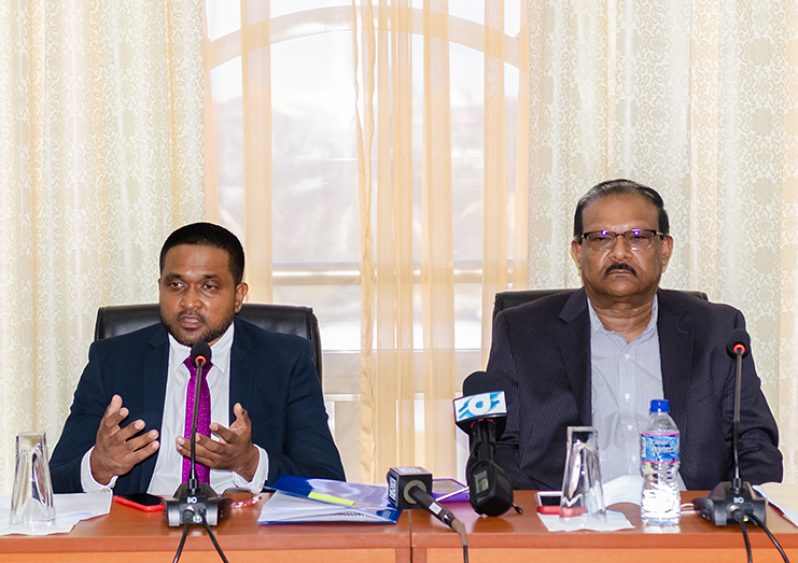 Ministers of Local Government and Regional Development, Nigel Dharamlall (left) and Anand Persaud at their press briefing on Monday (Delano Williams photo)