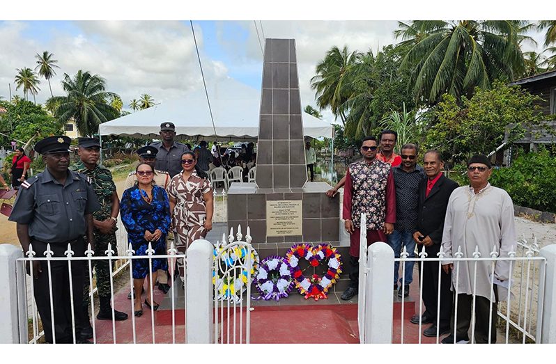 Regional Vice-Chairman Humace Oodit, Regional Executive Officer Susannah Saywack, Deputy Mayor Lorna Fitz- Allen, religious leaders, and Sir Parmesh Lall following the laying of wreaths in honour of the five sugar workers who were killed by colonial police during the Devonshire Castle strike on September 29, 1872