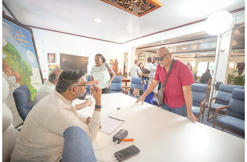 President, Dr Irfaan Ali on Wednesday spent some time engaging with farmers and community leaders of Nabaclis, East Coast Demerara, listening to their experiences, ideas and priorities for the continued development of their community (OP photos)