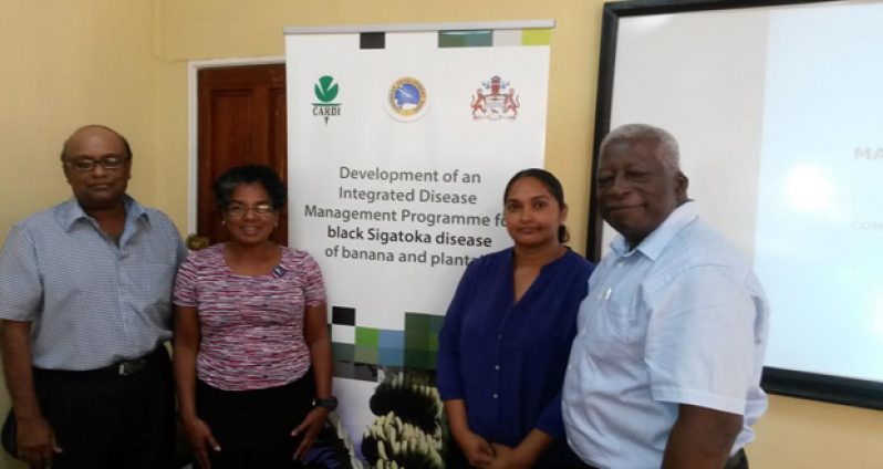 Resource persons at the BSD management workshop, from left:  CEO of NAREI, Dr Oudho Homenauth;  Plant Pathologist Sharon Jones of Trinidad; CARDI Consultant Guyanese Somwattie De Souza; and Surinamese expert Dr Robert Power.