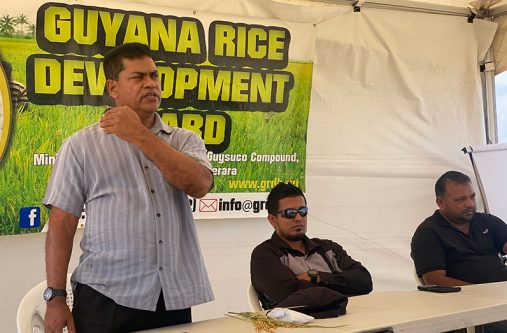 GRDB General Manager Badrie Persaud addressing the Region Two rice farmers who participated in an interactive session