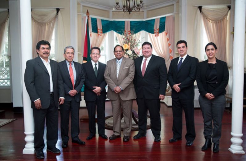 Prime Minister Moses Nagamootoo (fourth from left), Mexico’s Ambassador H.E Ivan Roberto Sierra-Medel (fifth from left) with officials from the IMP (DPI photo)