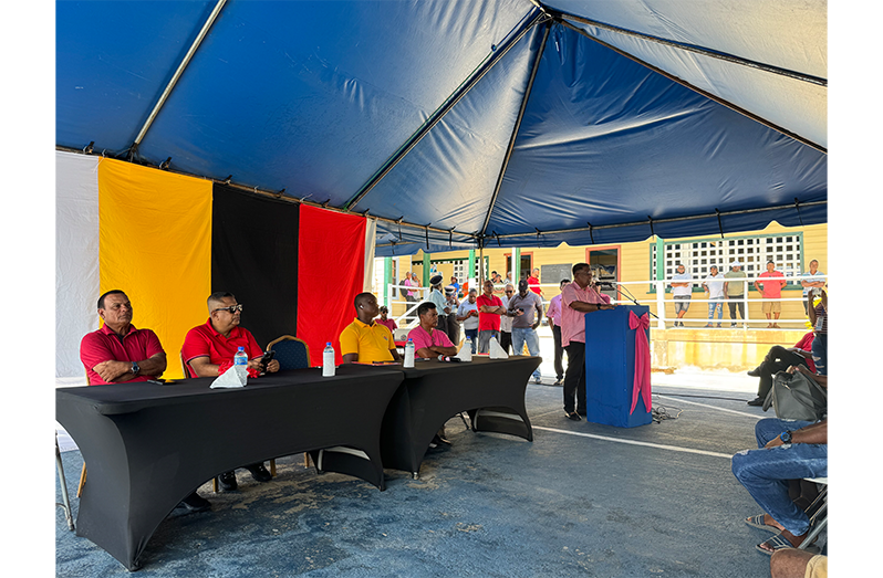 Minister Mustapha speaking to rice farmers last Saturday in Bushlot, Corentyne