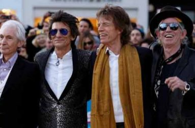 Members of the Rolling Stones (L-R) Charlie Watts, Ronnie Wood, Mick Jagger and Keith Richards arrive for the ''Exhibitionism'' opening night gala at the Saatchi Gallery in London, Britain April 4, 2016.