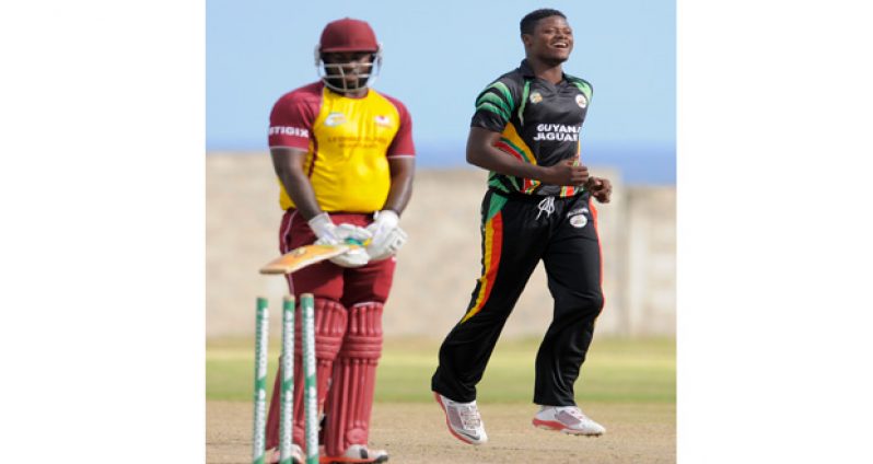 Romario Shepherd celebrates the dismissal of Leeward Hurricanes batsman Montcin Hodge.( Photo by WICB Media/Randy Brooks of Brooks Latouche Photography).
