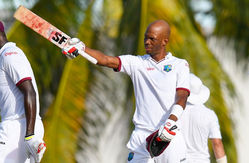 Batsman Roston Chase celebrates his second Test hundred on the opening day of the second Test against Pakistan on Sunday. (Photo courtesy WICB Media)