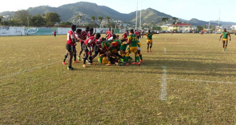 First Half action in the Guyana & Trinidad & Tobago clash at the Fatima College ground.
