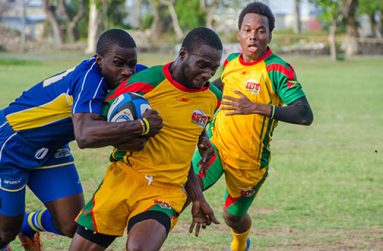 Part of the action from the Barbados vs Guyana game at the National Park last Saturday (Delano Williams photo)
