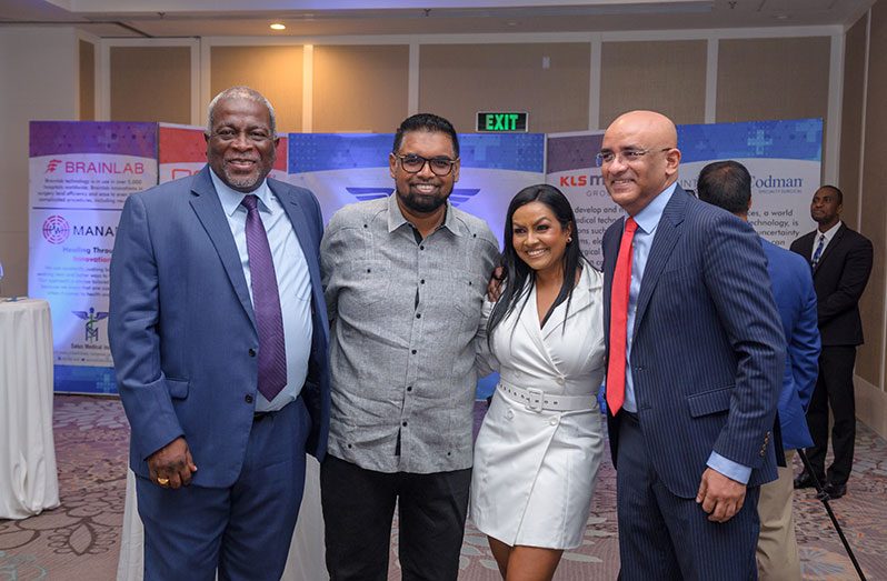 CEO of Salus Medical Inc, Kamini Persaud with President Irfaan Ali; Prime Minister Mark Phillips; and Vice-President Bharrat Jagdeo at the launching of the medical company (Delano Williams photo)