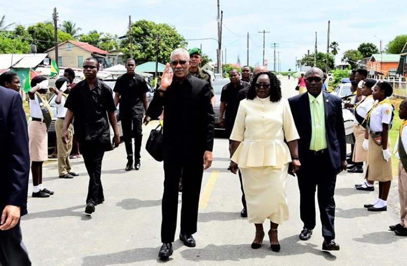 President David Granger was welcomed with a salute by the Seventh-Day Adventist Church's Pathfinders upon his arrival at the Freedom Congregational Church at Stewartville, West Coast Demerara