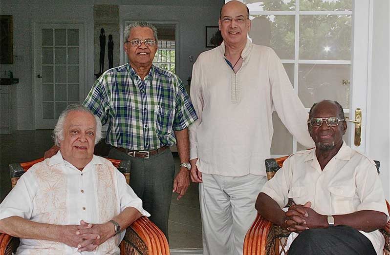 (From left to right) The late Sir Shridath “Sonny” Ramphal, the late Rickey Singh, Sir Ronald Sanders and Hubert Williams, Rickey’s longtime friend and fellow journalist (Photo: Sir Ronald/Facebook)
