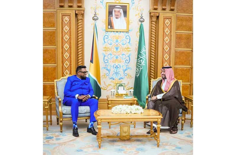 saudi-1 President Dr. Irfaan Ali on Monday met with Crown Prince Mohammed bin Salman Al Saud. The two leaders held discussions on strengthening bilateral ties, ensuring  material results of potential opportunities in hajj, biodiversity, energy, food, sports, infrastructure, and investment and development cooperation (President Ali/Facebook)