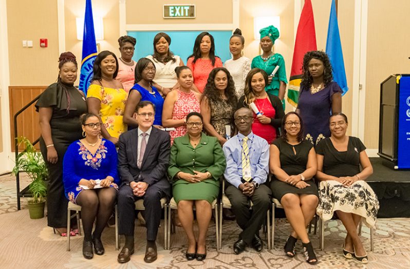 Health Minister Volda Lawrence, PAHO/WHO Country representative, Dr William Adu-Krow and Embassy of Brazil, Deputy Head of Mission Paulo Borda Silos with the scholars (Delano Williams photo)