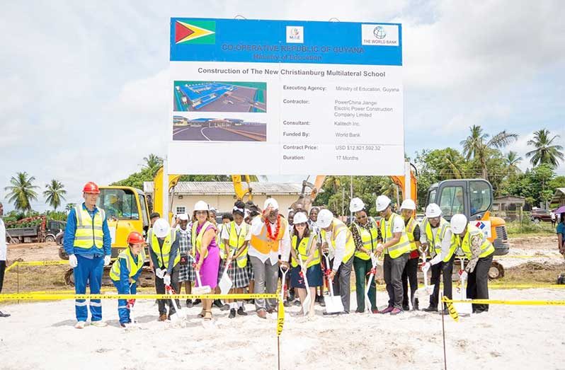 The sod for the $2.66 billion secondary school was turned on Monday by Prime Minister Brigadier (Ret’d) Mark Phillips; Education Minister Priya Manickchand; and World Bank Group Representative for Guyana Diletta Doretti, joined by students and regional officials (Ministry of Education Photos)