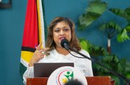 Minister of Education Priya Manickchand delivering remarks at the ministry’s end-of -year press conference (Delano Williams photo)