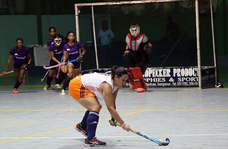 Pizza Hut GCC captain Tiffany Solomon scores a penalty corner against the Bingo Spartans.