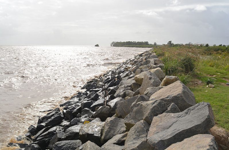 A section of the 500 kilometres of rip-rap sea defence that was installed, following the breach of the earthen dam in 2010